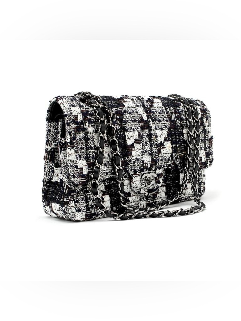 Chanel Navy Black Tweed Double Flap Double Chain Shoulder Bag 25 Silver Chain
